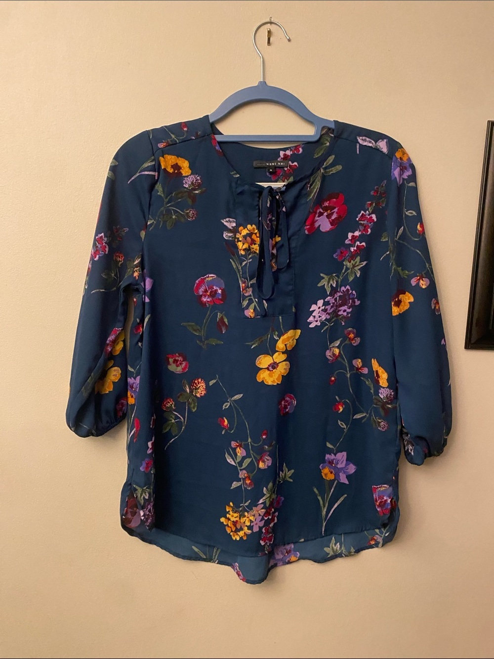 West Kei Teal Floral Tie-Neck Blouse